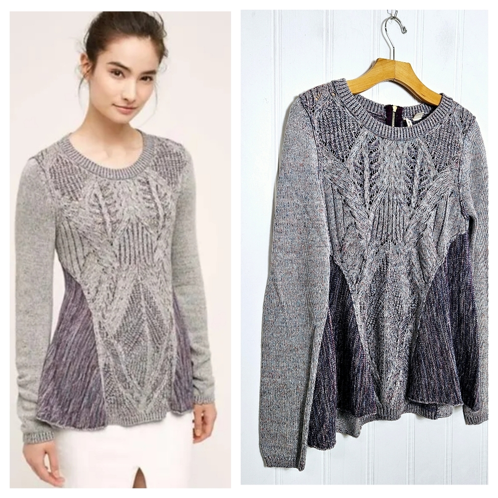 Anthropologie MOTH Anita Cable Knit Swing Sweater S Purple Gray Back Zip